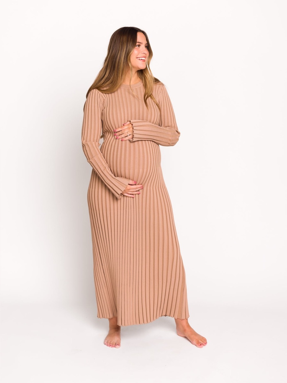 Worth Collective Colette Premium Long Sleeved Ribbed Dress Dark Natural Medium